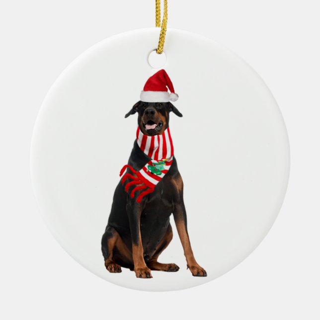 Doberman Pinscher med en liten jultomte Julgransprydnad Keramik (Framsidan)