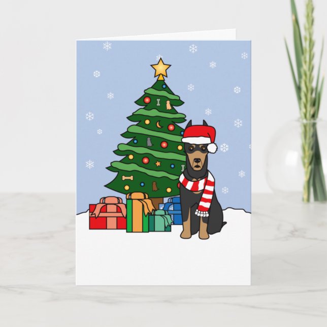 Doberman Pinscher och Julgran Helgkort (Framsida)