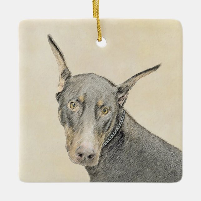 Doberman Pinscher Painting - Original Hund Art Julgransprydnad Keramik (Framsida)