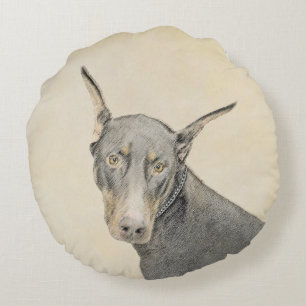 Doberman Pinscher Painting - Original Hund Art Rund Kudde