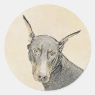 Doberman Pinscher Painting - Original Hund Art Runt Klistermärke