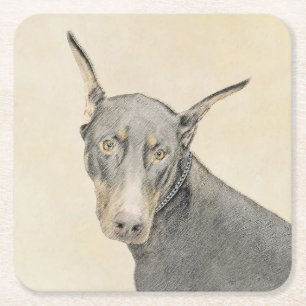 Doberman Pinscher Painting - Original Hund Art Underlägg Papper Kvadrat