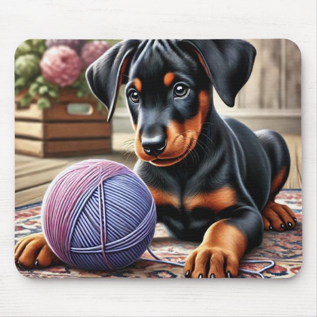 Doberman Pinscher Puppy med Yarn Boll på Matta Musmatta (Framsidan)
