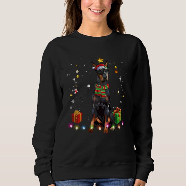 Doberman Pinscher Santa Christmas Tree Lights Xmas T Shirt (Framsida)