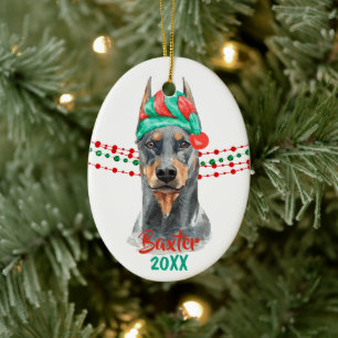 Doberman Pinscher Santa Hat Helgdag String Pärlor Julgransprydnad Keramik