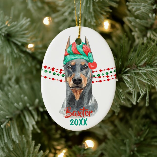 Doberman Pinscher Santa Hat Helgdag String Pärlor Julgransprydnad Keramik (Träd)