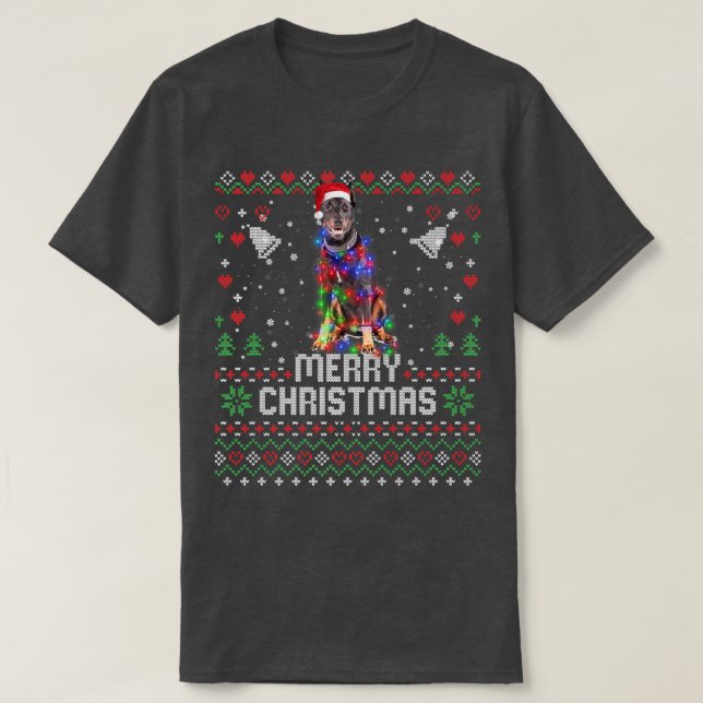 Doberman Pinscher Santa Hat Hund Julgran Lig T Shirt (Design framsida)