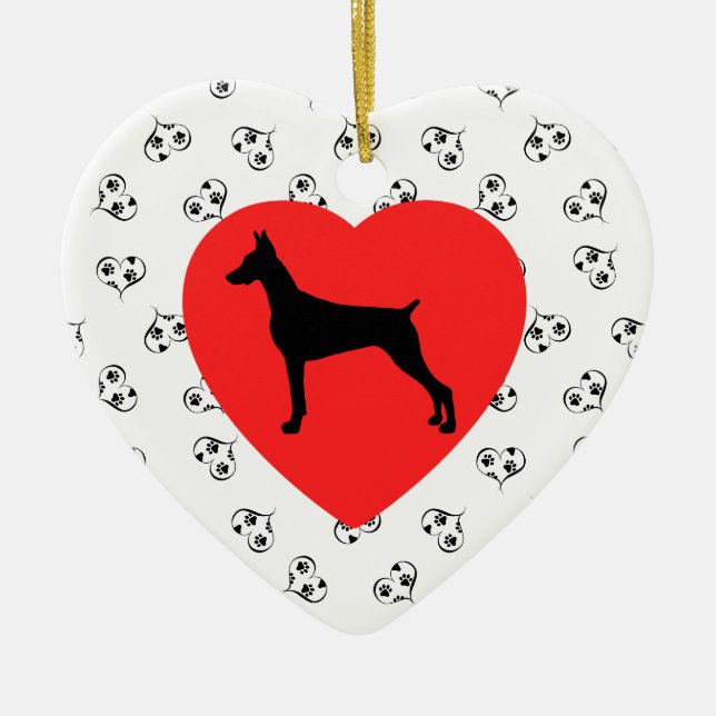 Doberman Pinscher Silhouette med Hearts Julgransprydnad Keramik (Framsidan)