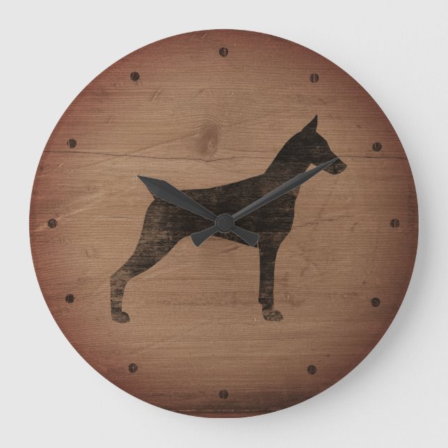 Doberman Pinscher Silhouette Rustic Stil Stor Klocka (Framsida)