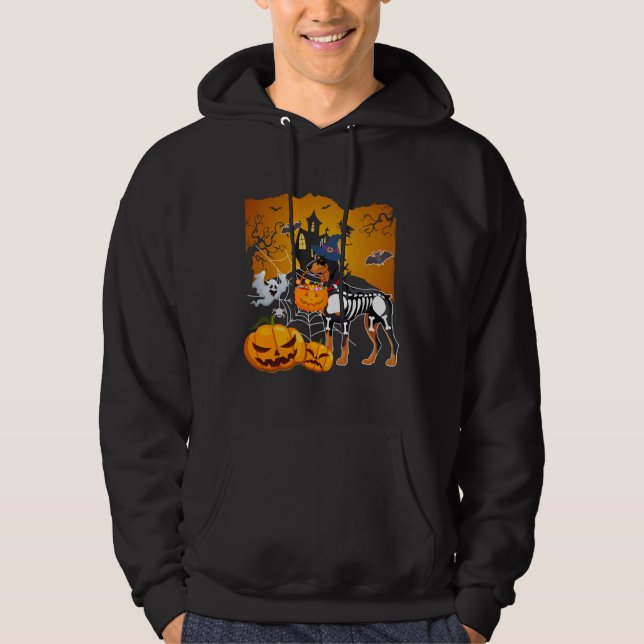 Doberman Pinscher Skeleton Halloween Lycklig Pumpk Hoodie (Framsida)