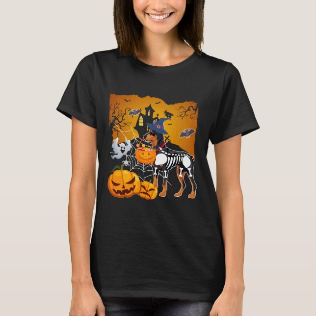 Doberman Pinscher Skeleton Halloween Lycklig Pumpk T Shirt (Framsida)