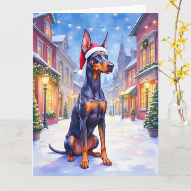 Doberman Pinscher Snowy Village Santa Hat Christma Kort (Gul blomma)