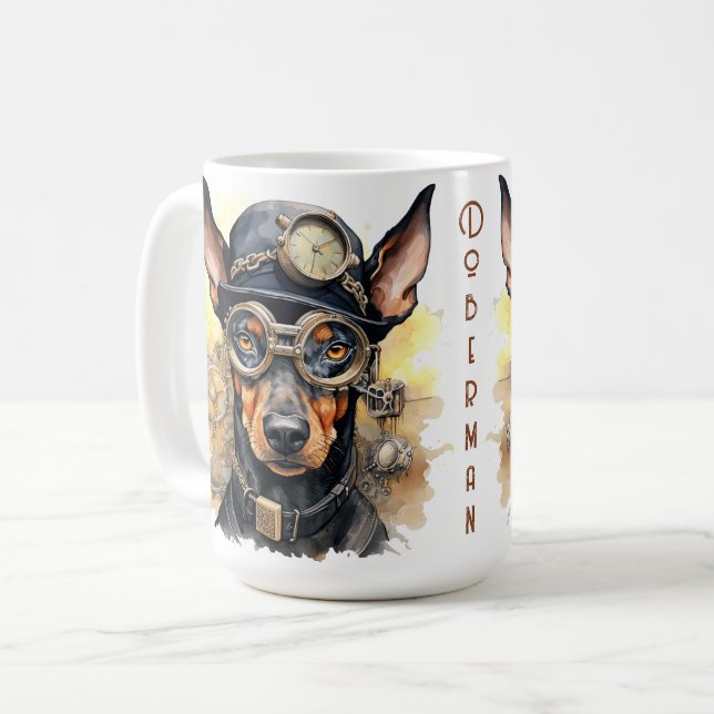 Doberman Pinscher Steampunk Hund Kaffemugg (Framsida vänster)