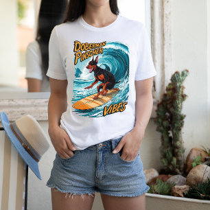 Doberman Pinscher Surfer Riding Tropical Wave T Shirt