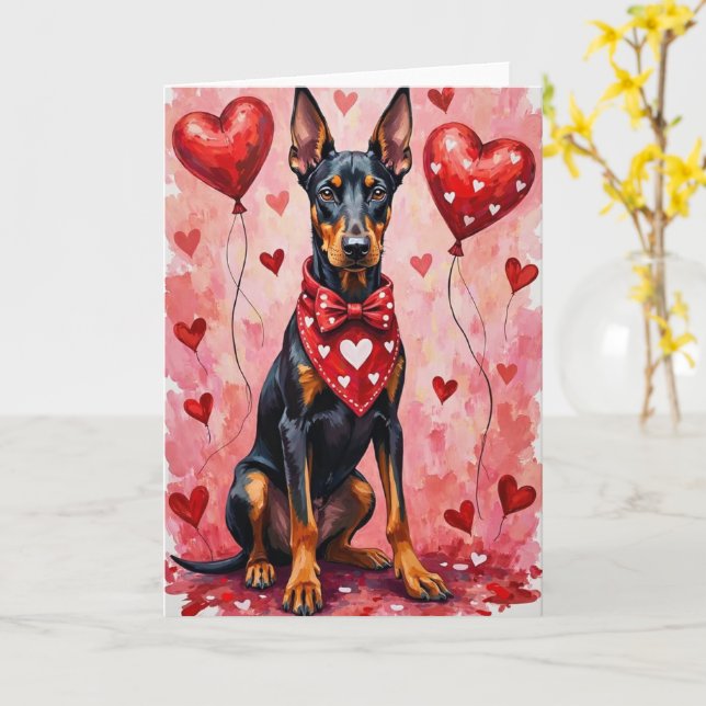 Doberman Pinscher Valentine’s Day Dog with Hearts  Kort (Gul blomma)