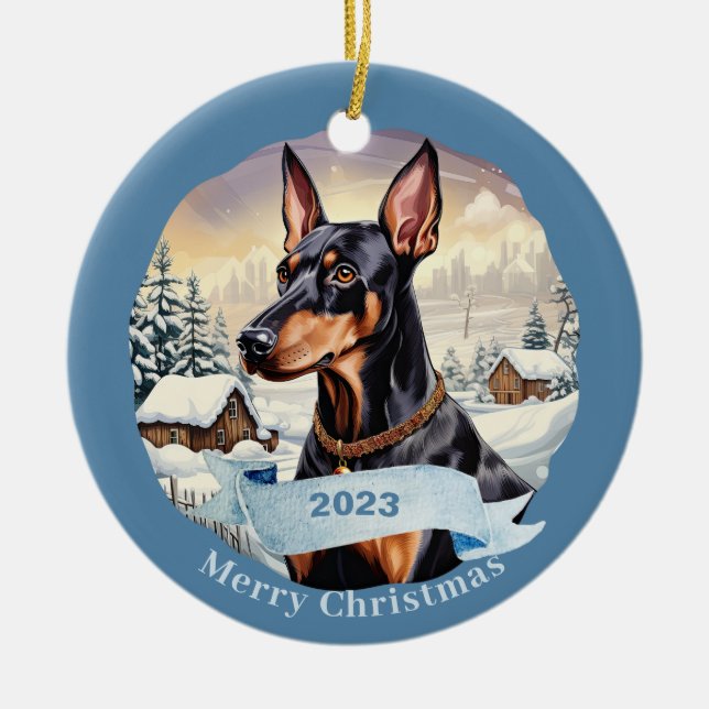 Doberman Pinscher, vattenfärg, hund jul Julgransprydnad Keramik (Framsidan)