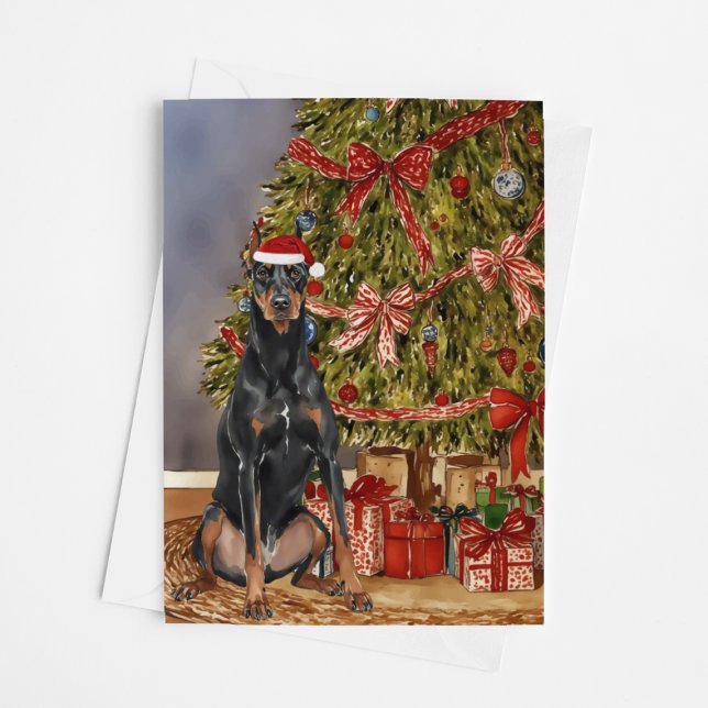 Doberman Pinscher Watercolor Julgran Kort (Skapare uppladdad)