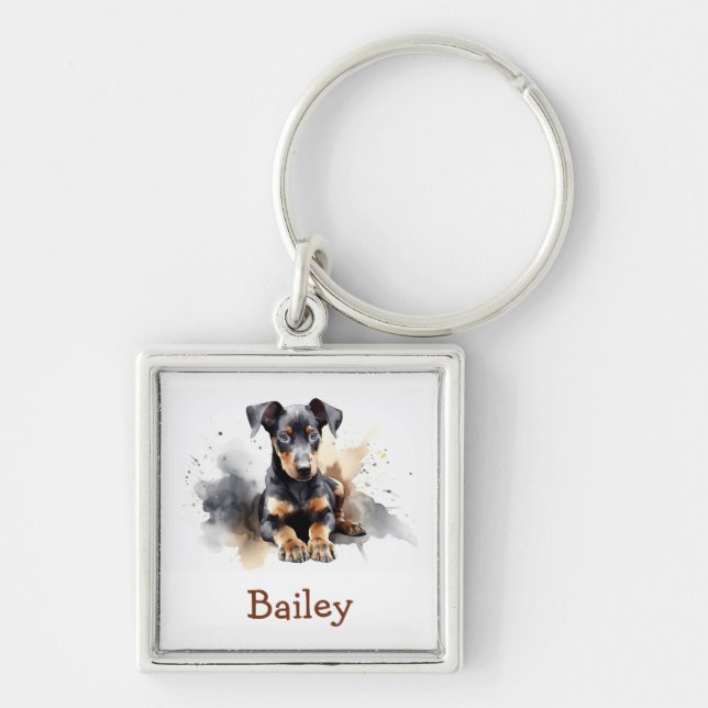 Doberman Pinscher Watercolor Keychain Fyrkantig Silverfärgad Nyckelring (Framsidan)