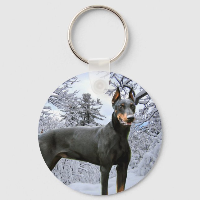 Doberman Pinscher Winter Snö Keychain Nyckelring (Framsida)