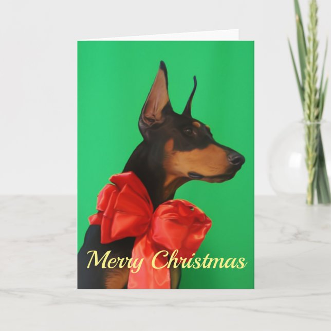 Doberman Potrait med den röda julpilbågen Kort (Framsida)