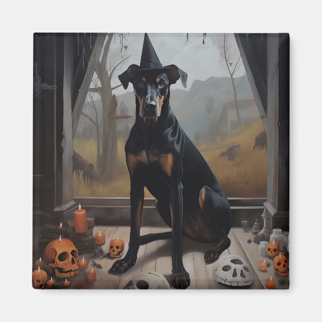Doberman Pumpas Halloween Skräcklig Magnet (Framsidan)