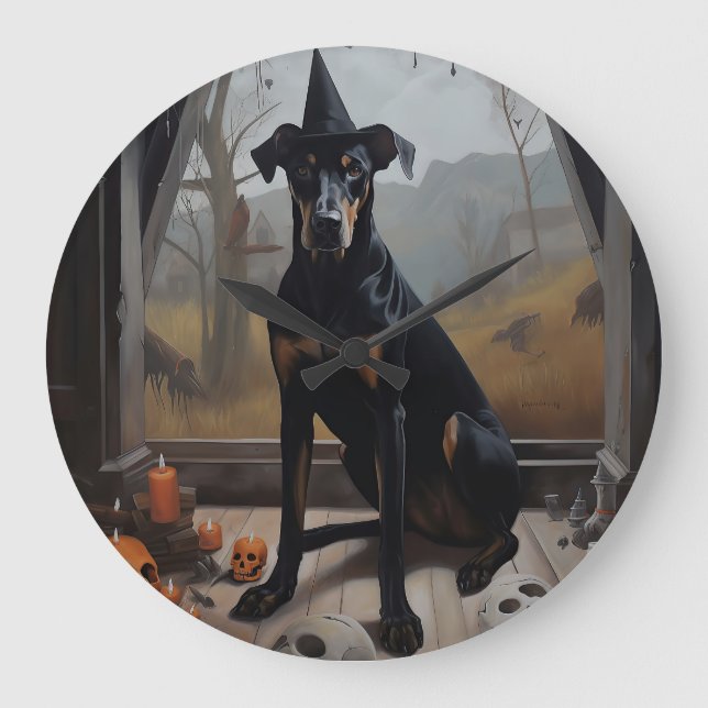 Doberman Pumpkins Halloween Scary Stor Klocka (Framsida)