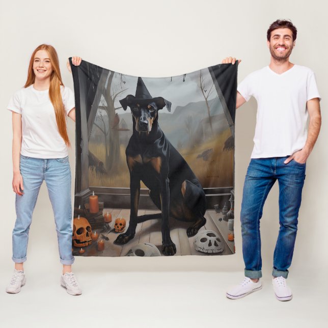 Doberman Pumpkins Halloween Skräckinjagande Fleecefilt (På plats)