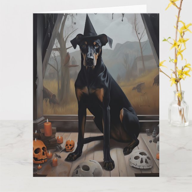 Doberman Pumpkins Halloween Skräckinjagande Kort (Gul blomma)