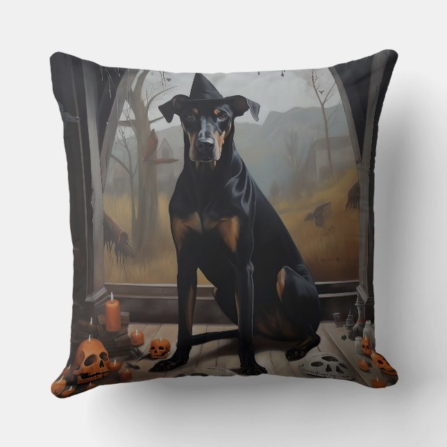 Doberman Pumpkins Halloween Skräckinjagande Kudde (Baksida)