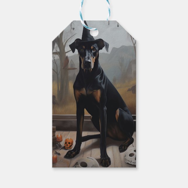 Doberman Pumpkins Halloween Skräckinjagande Presentetikett (Framsidan)