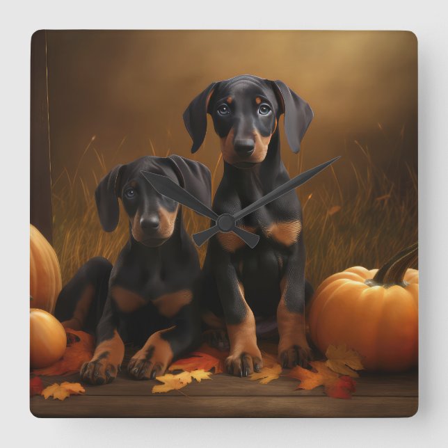 Doberman Puppy Autumn Delight Pumpkin Fyrkantig Klocka (Framsida)