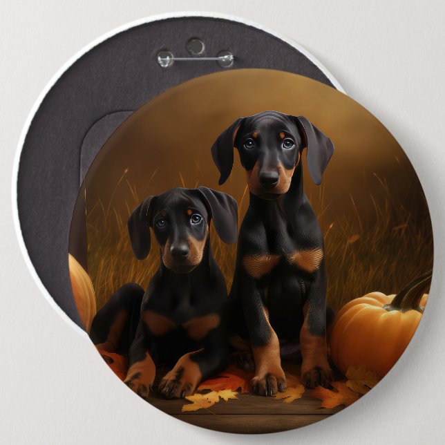 Doberman Puppy Autumn Delight Pumpkin Knapp (Framsida & baksida)