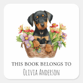 Doberman Puppy i Flower Basket i Bok-Tillhören Fyrkantigt Klistermärke