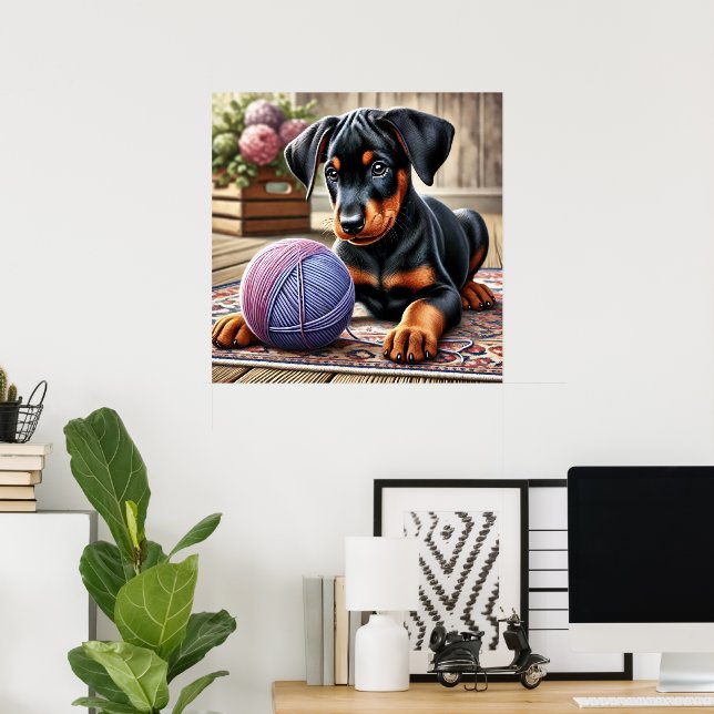 Doberman Puppy med Boll på ett färgstarkt Matta Poster (Hemmakontoret)