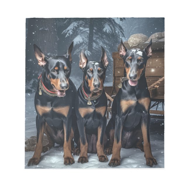 Doberman Snowy Sleigh-juldekretet Anteckningsblock (Framsida)
