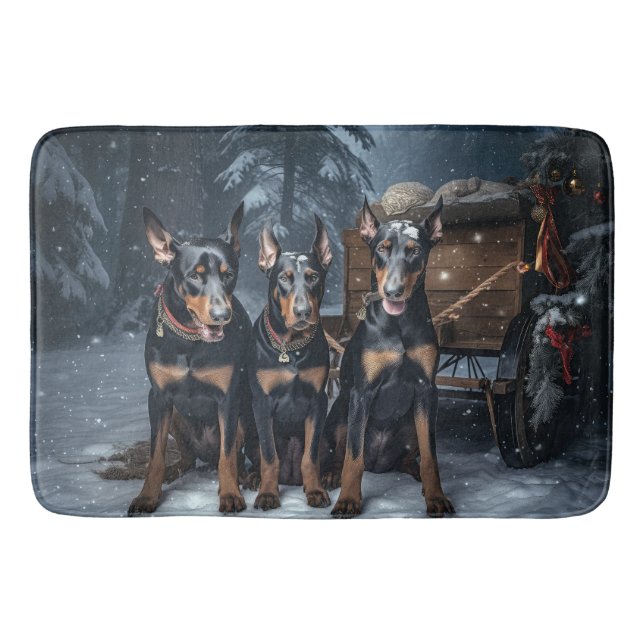 Doberman Snowy Sleigh-juldekretet Badrumsmatta (Framsidan)