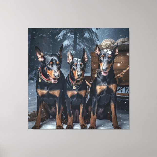 Doberman Snowy Sleigh-juldekretet Canvastryck (Framsida)