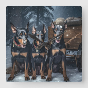 Doberman Snowy Sleigh-juldekretet Fyrkantig Klocka