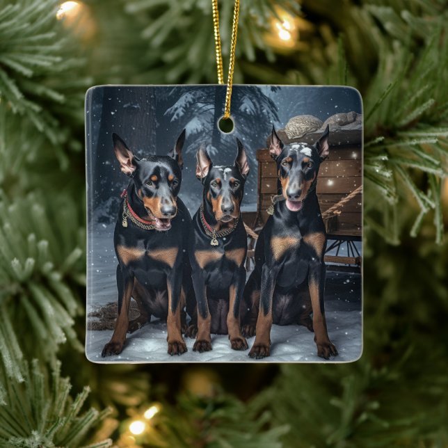 Doberman Snowy Sleigh-juldekretet Julgransprydnad Keramik (Träd)