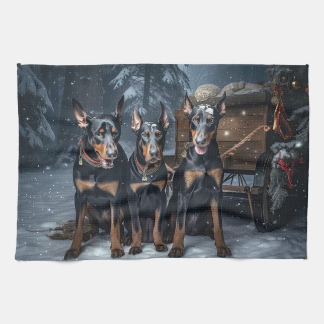 Doberman Snowy Sleigh-juldekretet Kökshandduk (Horisontell)