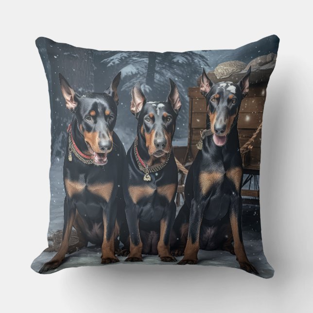 Doberman Snowy Sleigh-juldekretet Kudde (Framsida)