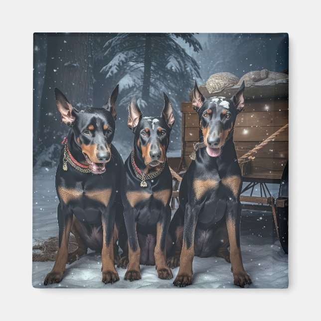 Doberman Snowy Sleigh-juldekretet Magnet (Framsidan)