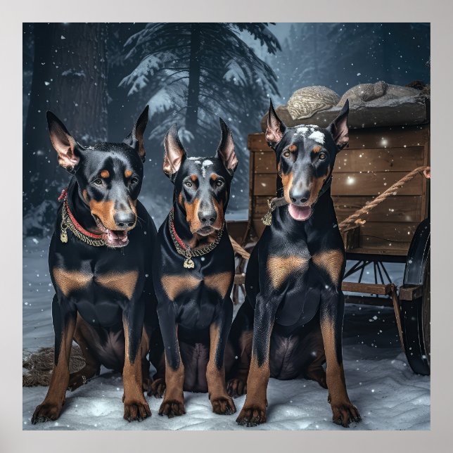 Doberman Snowy Sleigh-juldekretet Poster (Framsidan)