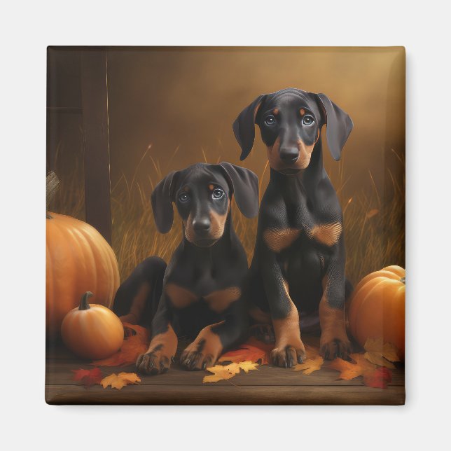 Doberman Valp Höstglädje Pumpa  Magnet (Framsidan)