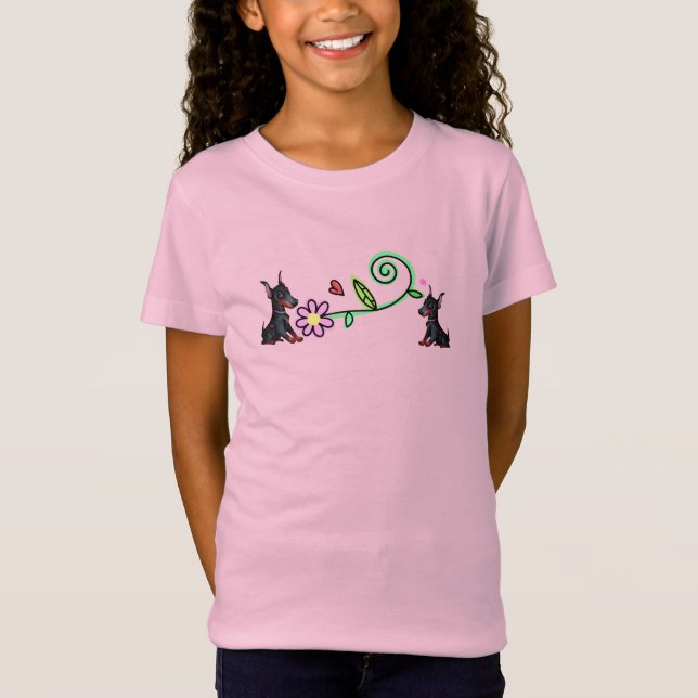 Doberman-valpar och blommor-flickans T-Shirt (Framsida)