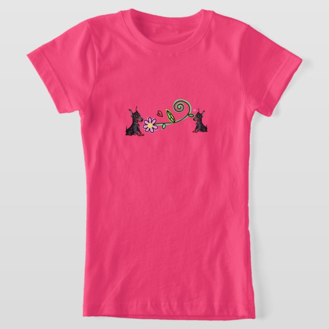 Doberman-valpar och blommor-flickans T-Shirt (Laydown)