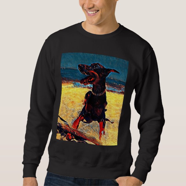 Doberman vid stranden 820 lång ärmad tröja (Framsida)