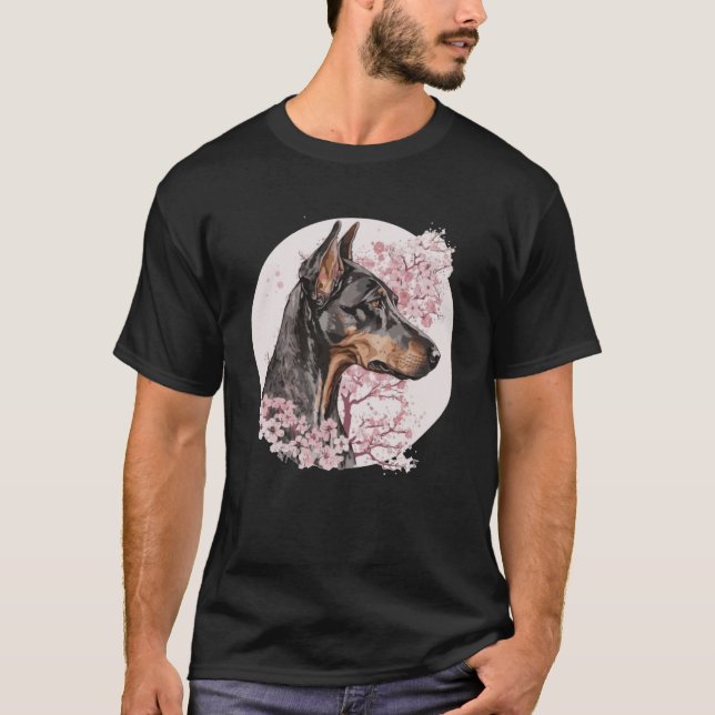 Dobermann Cherry Blommar Hund aveln Japanska vatte T Shirt (Framsida)