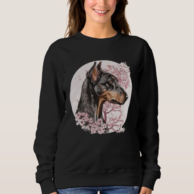 Dobermann Cherry Blossom Dog Breed Japanese Waterc T Shirt (Framsida)