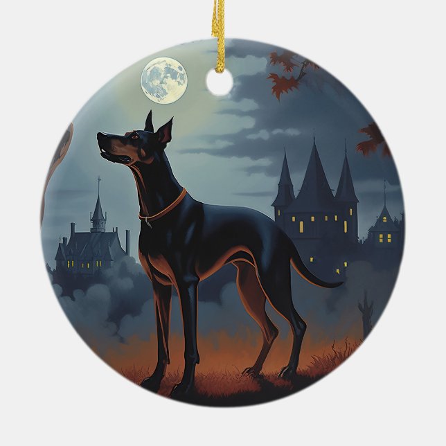 Dobermann Halloween Skräckinjagande Julgransprydnad Keramik (Baksidan)
